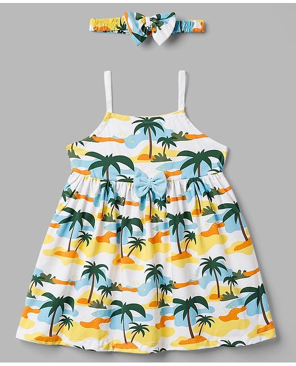 Babyhug Single Jersey Knit Sleeveless Beach Theme Printed Frock With Bow Applique & Headband - White
