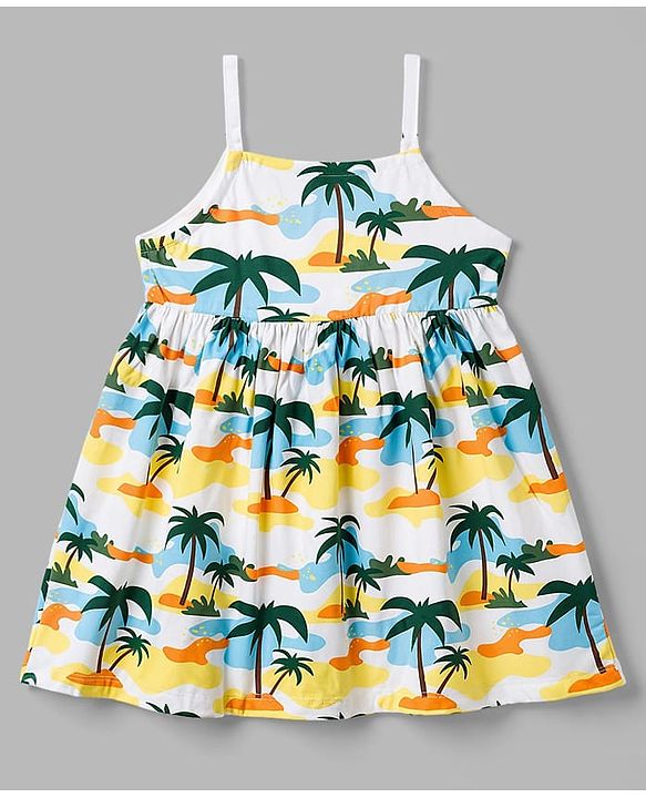 Babyhug Single Jersey Knit Sleeveless Beach Theme Printed Frock With Bow Applique & Headband - White