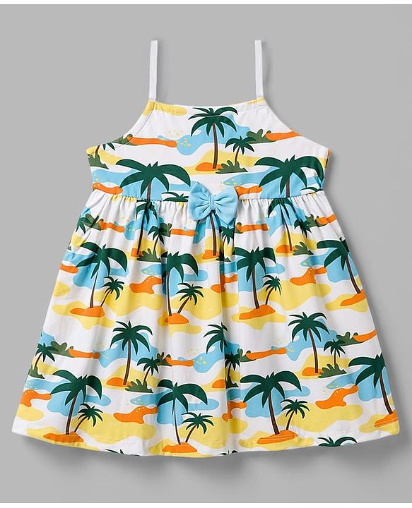 Babyhug Single Jersey Knit Sleeveless Beach Theme Printed Frock With Bow Applique & Headband - White