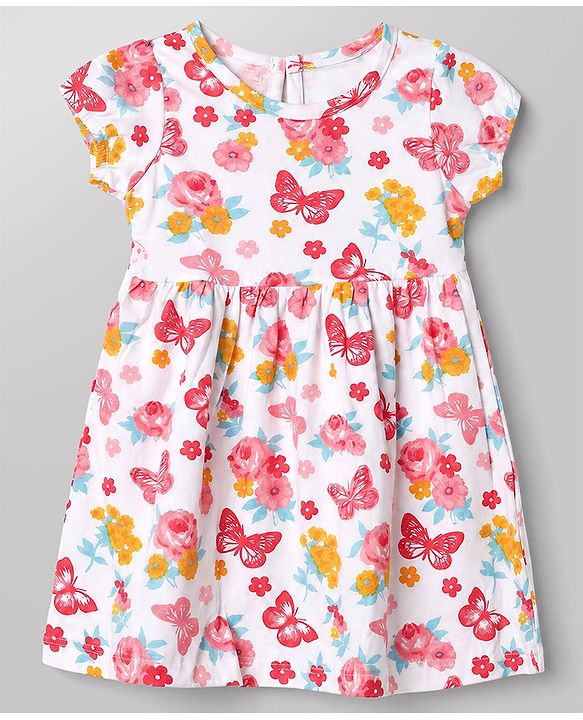 Babyhug Single Jersey Knit Half Sleeves Frocks With Floral Print Pack of 2 - White & Pink
