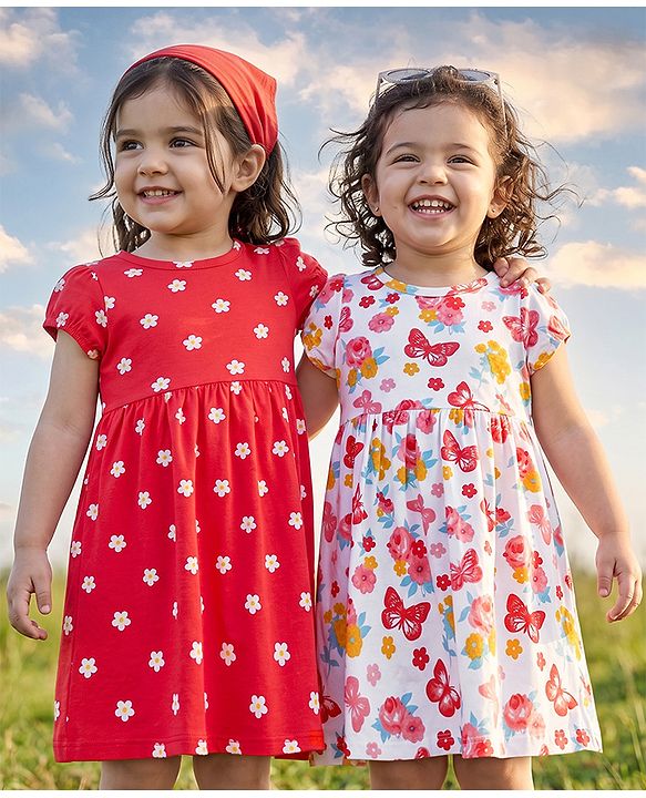 Babyhug Single Jersey Knit Half Sleeves Frocks With Floral Print Pack of 2 - White & Pink