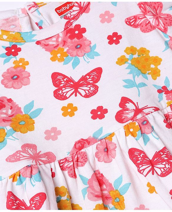 Babyhug Single Jersey Knit Half Sleeves Frocks With Floral Print Pack of 2 - White & Pink