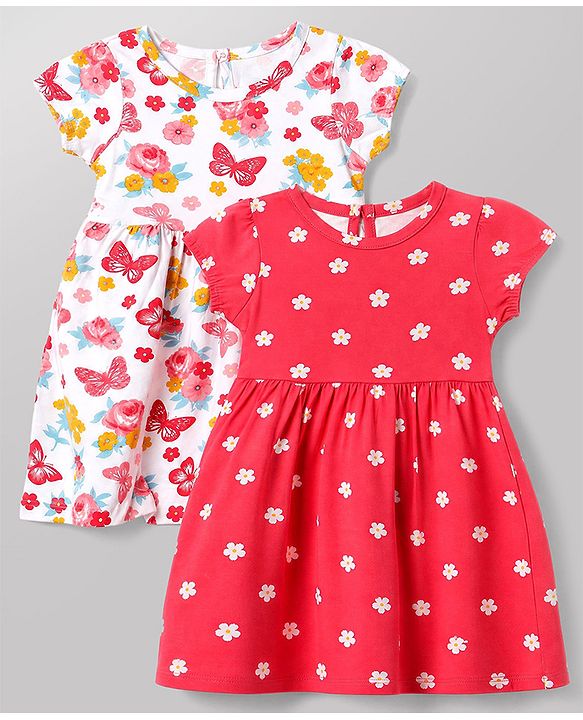 Babyhug Single Jersey Knit Half Sleeves Frocks With Floral Print Pack of 2 - White & Pink
