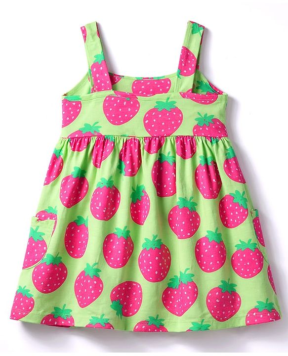 Babyhug Single Jersey Knit Sleeveless Strawberry Printed Frock - Green