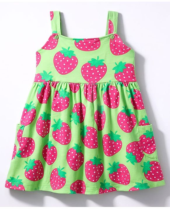 Babyhug Single Jersey Knit Sleeveless Strawberry Printed Frock - Green