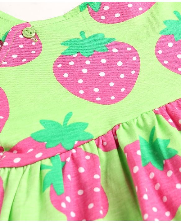 Babyhug Single Jersey Knit Sleeveless Strawberry Printed Frock - Green