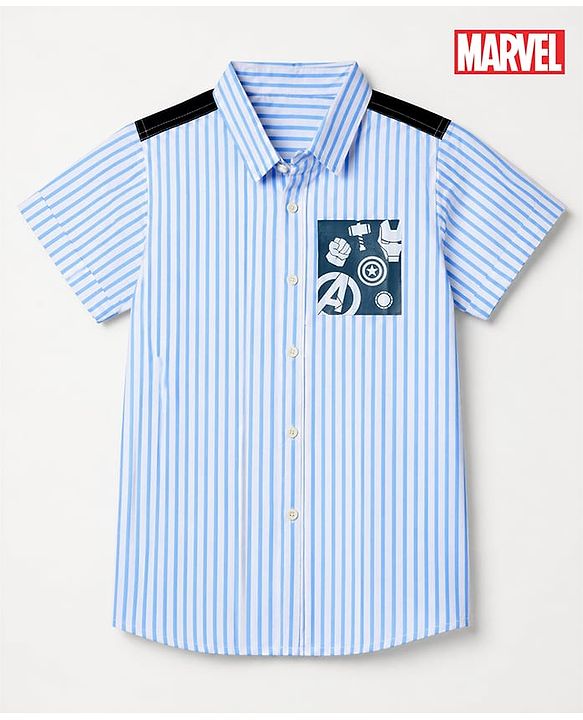 Pine Kids Marvel 100% Cotton Poplin Woven Striped Shirt with Half Sleeves and Avengers Superheroes Print in Light Blue