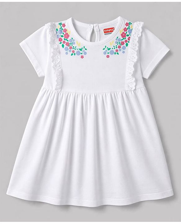 Babyhug Single Jersey Knit Half Sleeves Floral Printed Frock - White