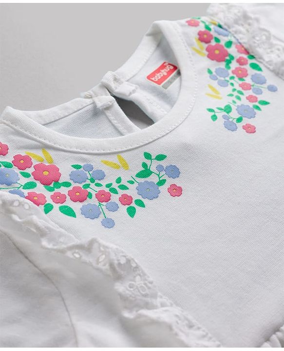 Babyhug Single Jersey Knit Half Sleeves Floral Printed Frock - White