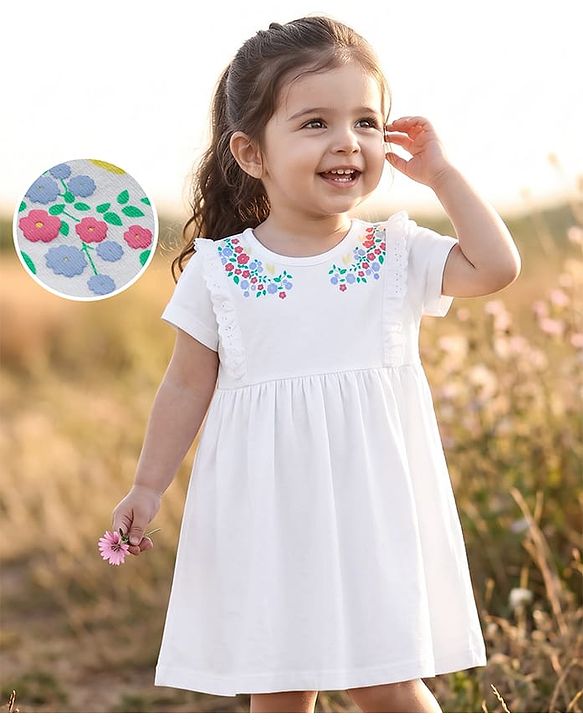 Babyhug Single Jersey Knit Half Sleeves Floral Printed Frock - White