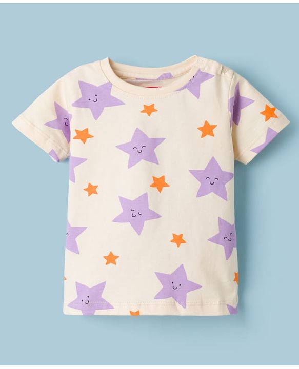 Babyhug Cotton Knit Half Sleeves T-Shirt & Shorts Co-ord Night Suit With Star Print - Lavender