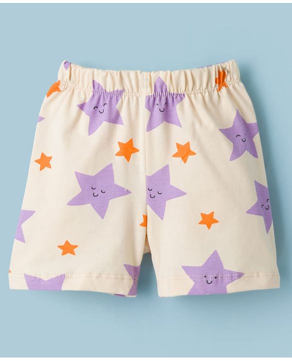 Babyhug Cotton Knit Half Sleeves T-Shirt & Shorts Co-ord Night Suit With Star Print - Lavender