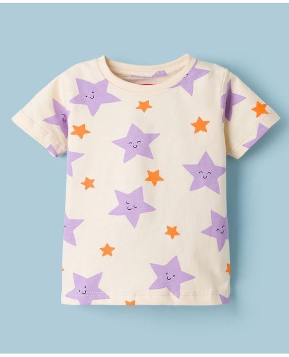 Babyhug Cotton Knit Half Sleeves T-Shirt & Shorts Co-ord Night Suit With Star Print - Lavender