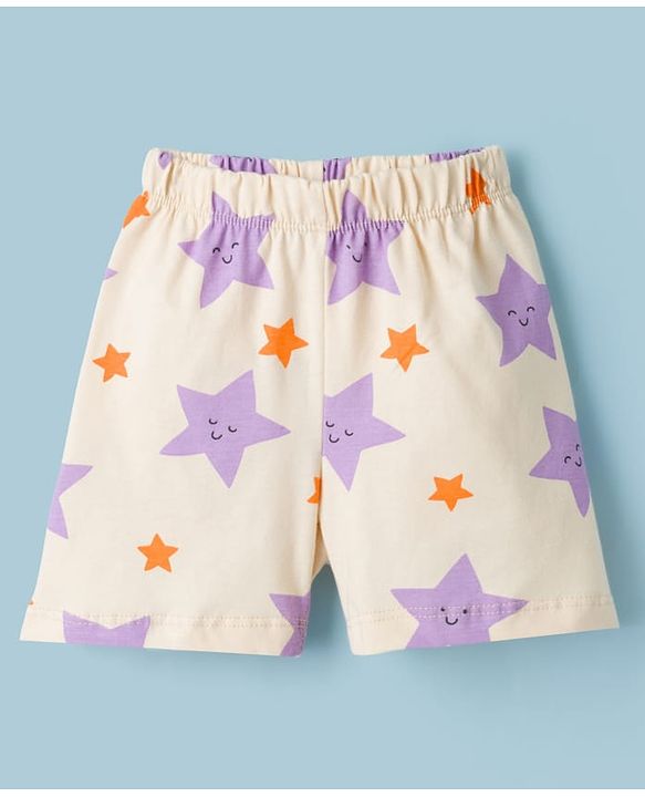 Babyhug Cotton Knit Half Sleeves T-Shirt & Shorts Co-ord Night Suit With Star Print - Lavender