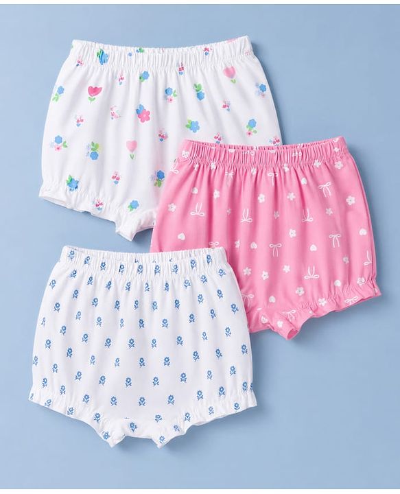 Babyhug 100% Cotton Knit Bloomer With Floral & Bow Print Pack of 3 - White & Pink