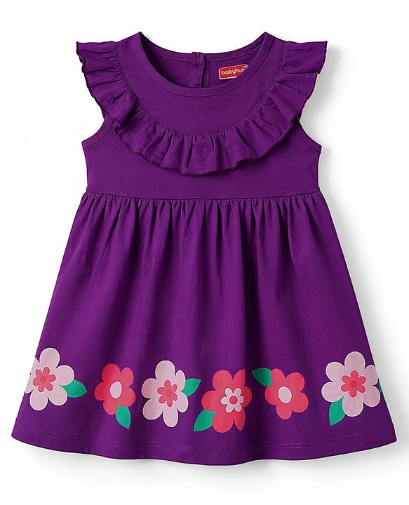 Babyhug Cotton Knit Frill Sleeves Floral Printed Frock With Bloomer - Purple