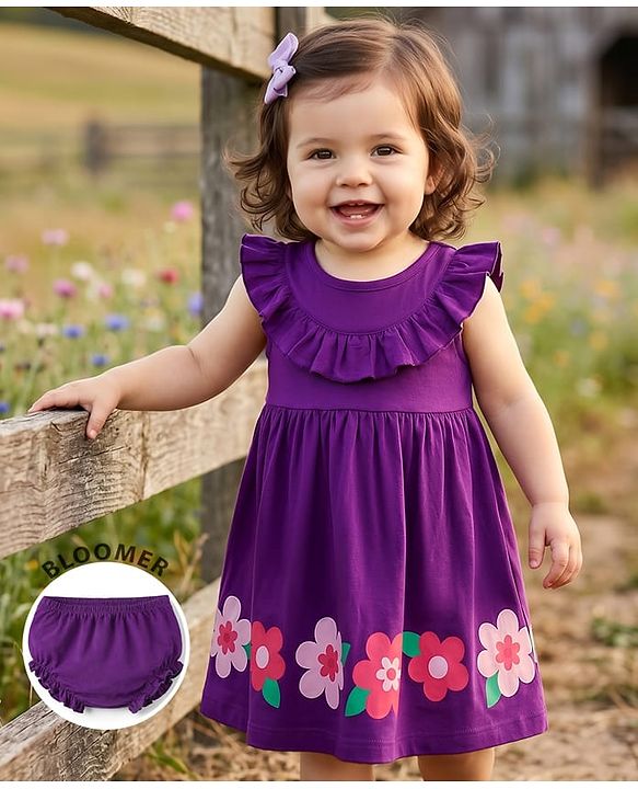 Babyhug Cotton Knit Frill Sleeves Floral Printed Frock With Bloomer - Purple