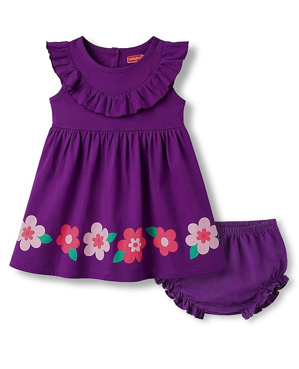 Babyhug Cotton Knit Frill Sleeves Floral Printed Frock With Bloomer - Purple