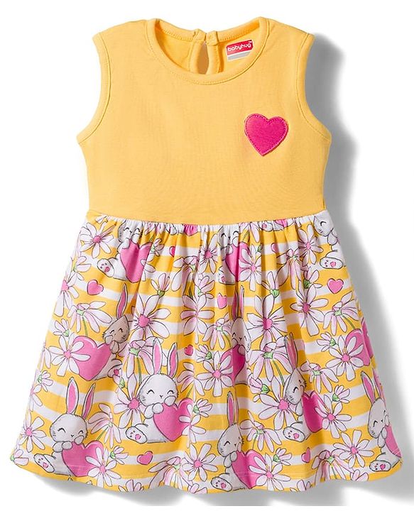 Babyhug Single Jersey Knit Sleeveless Floral & Bunny Printed Frock - Multicolour