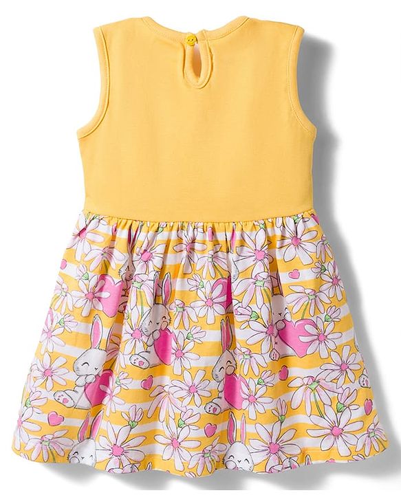 Babyhug Single Jersey Knit Sleeveless Floral & Bunny Printed Frock - Multicolour
