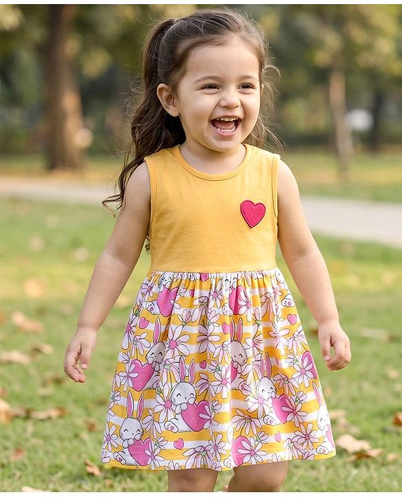 Babyhug Single Jersey Knit Sleeveless Floral & Bunny Printed Frock - Multicolour