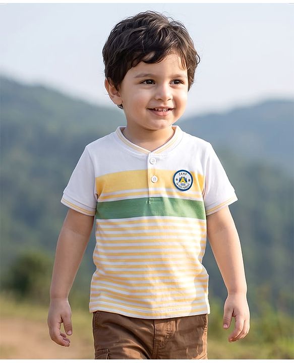 Babyhug Cotton Blend Knit Half Sleeves Striped Henley T-Shirt with 3D Badge - Multicolor