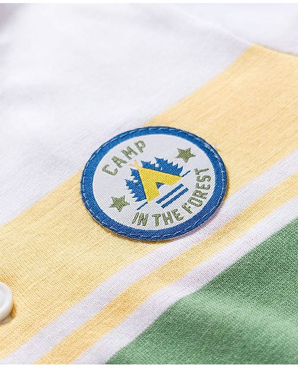 Babyhug Cotton Blend Knit Half Sleeves Striped Henley T-Shirt with 3D Badge - Multicolor