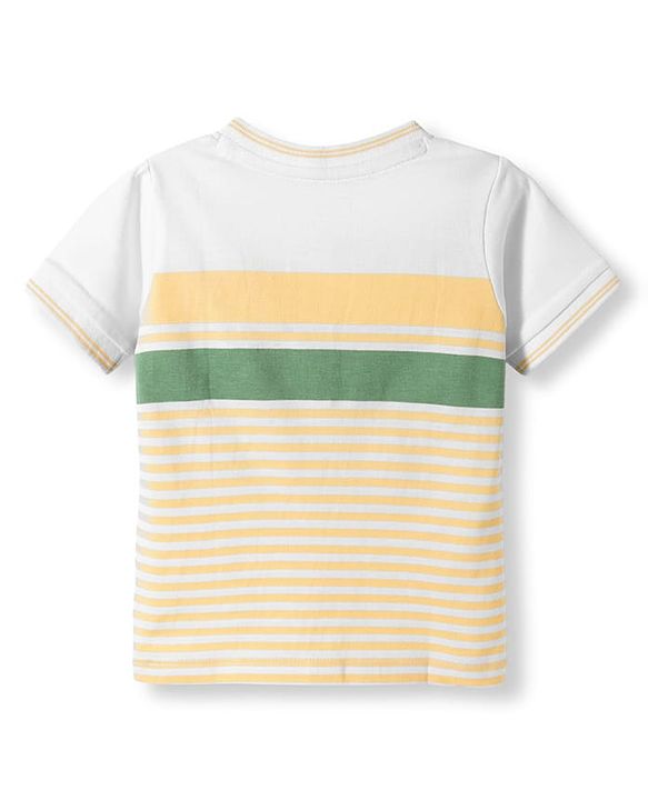 Babyhug Cotton Blend Knit Half Sleeves Striped Henley T-Shirt with 3D Badge - Multicolor