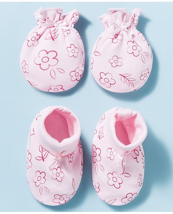 Babyhug 100% Cotton Interlock Knit Mittens & Booties With Floral Print - Pink