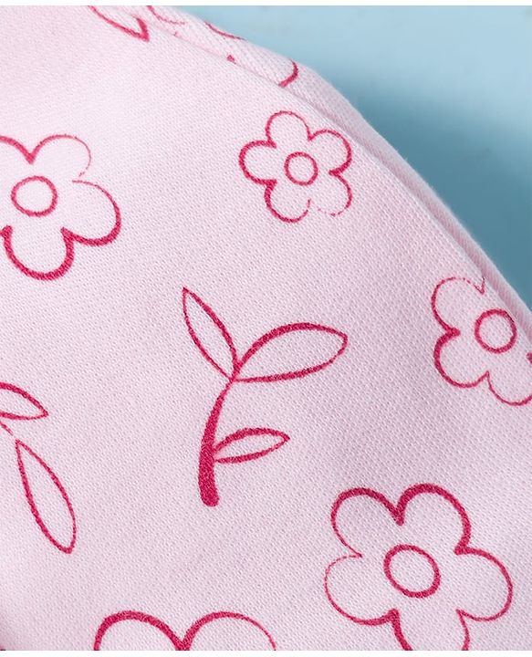 Babyhug 100% Cotton Interlock Knit Mittens & Booties With Floral Print - Pink
