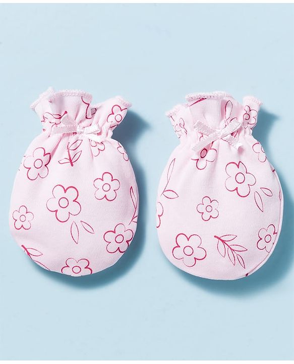 Babyhug 100% Cotton Interlock Knit Mittens & Booties With Floral Print - Pink
