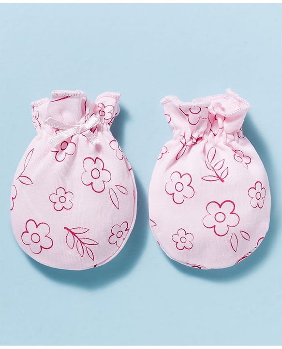 Babyhug 100% Cotton Interlock Knit Mittens & Booties With Floral Print - Pink