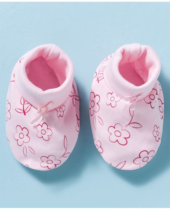 Babyhug 100% Cotton Interlock Knit Mittens & Booties With Floral Print - Pink
