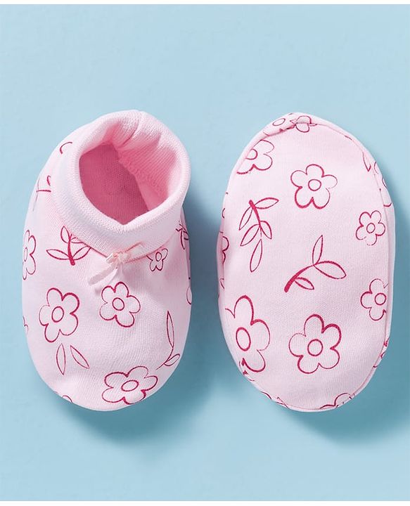 Babyhug 100% Cotton Interlock Knit Mittens & Booties With Floral Print - Pink
