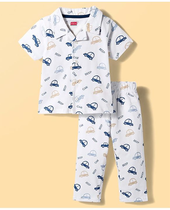 Babyhug Cotton Knit Half Sleeves Front Open Co-ords Shirt & Pajama Night Suit with Car Print - Off White