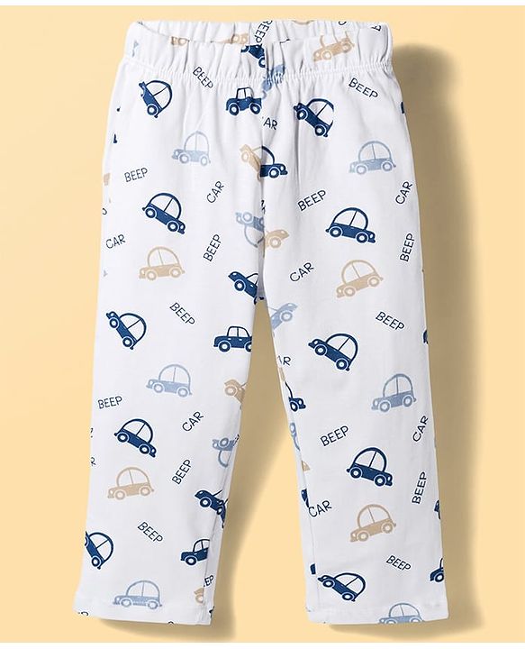 Babyhug Cotton Knit Half Sleeves Front Open Co-ords Shirt & Pajama Night Suit with Car Print - Off White