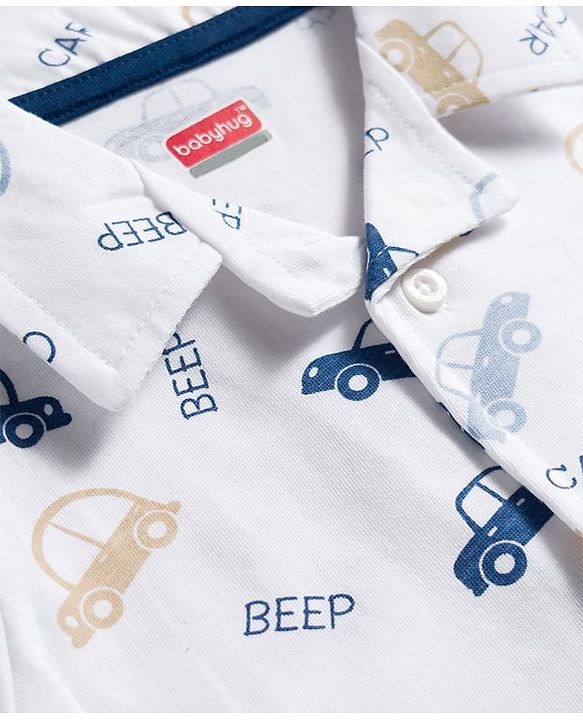 Babyhug Cotton Knit Half Sleeves Front Open Co-ords Shirt & Pajama Night Suit with Car Print - Off White