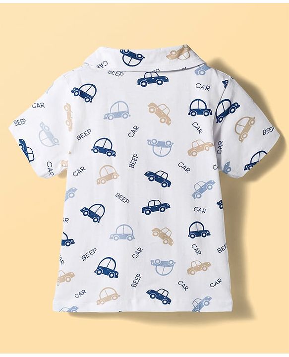 Babyhug Cotton Knit Half Sleeves Front Open Co-ords Shirt & Pajama Night Suit with Car Print - Off White