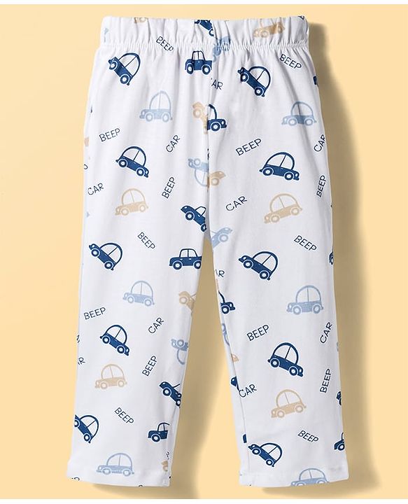 Babyhug Cotton Knit Half Sleeves Front Open Co-ords Shirt & Pajama Night Suit with Car Print - Off White