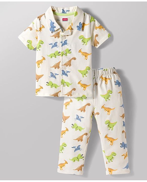 Babyhug Cotton Knit Half Sleeves Co-Ord Shirt & Pyjama Night Suit with Tiger Print - Off White
