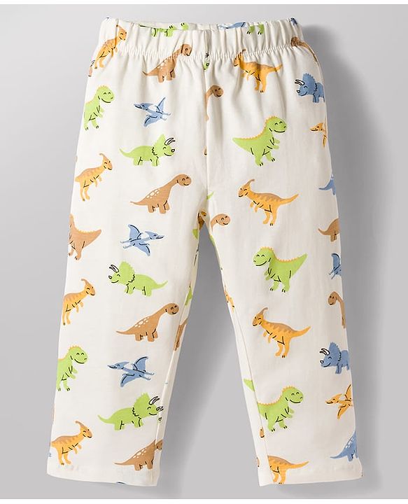 Babyhug Cotton Knit Half Sleeves Co-Ord Shirt & Pyjama Night Suit with Tiger Print - Off White