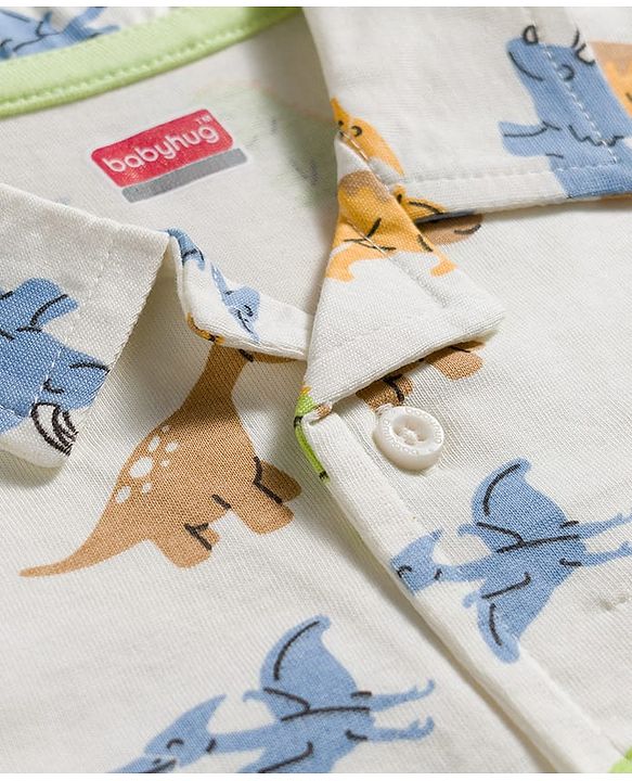 Babyhug Cotton Knit Half Sleeves Co-Ord Shirt & Pyjama Night Suit with Tiger Print - Off White