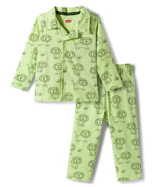 Babyhug Cotton Knit Full Sleeves Co-Ord Shirt & Pyjama Night-Suit With Lion Print - Green