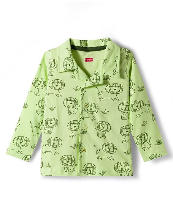 Babyhug Cotton Knit Full Sleeves Co-Ord Shirt & Pyjama Night-Suit With Lion Print - Green