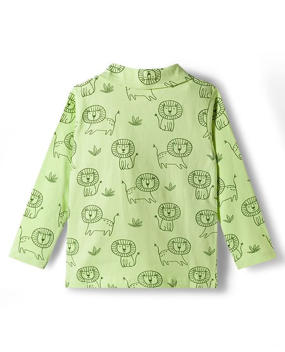Babyhug Cotton Knit Full Sleeves Co-Ord Shirt & Pyjama Night-Suit With Lion Print - Green