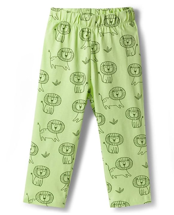 Babyhug Cotton Knit Full Sleeves Co-Ord Shirt & Pyjama Night-Suit With Lion Print - Green