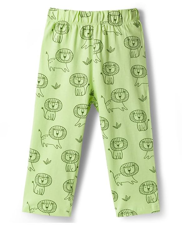 Babyhug Cotton Knit Full Sleeves Co-Ord Shirt & Pyjama Night-Suit With Lion Print - Green