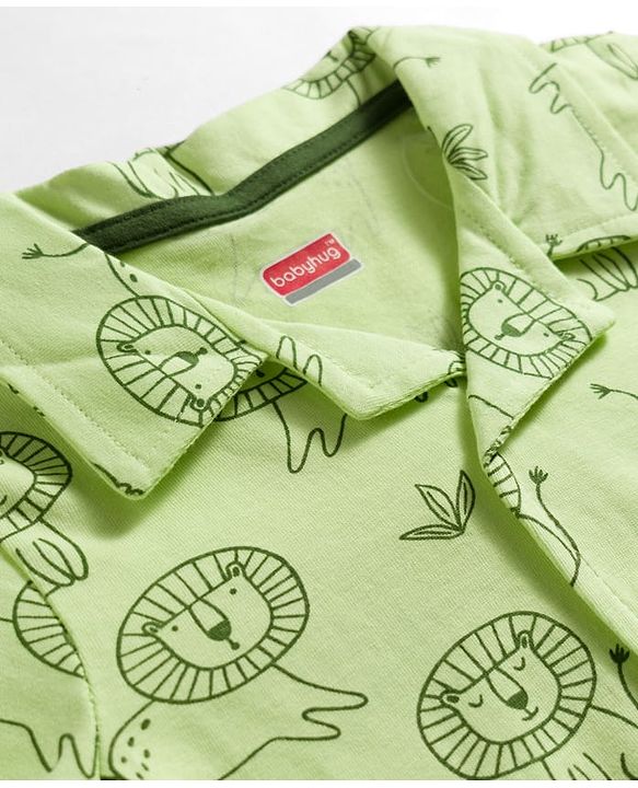 Babyhug Cotton Knit Full Sleeves Co-Ord Shirt & Pyjama Night-Suit With Lion Print - Green