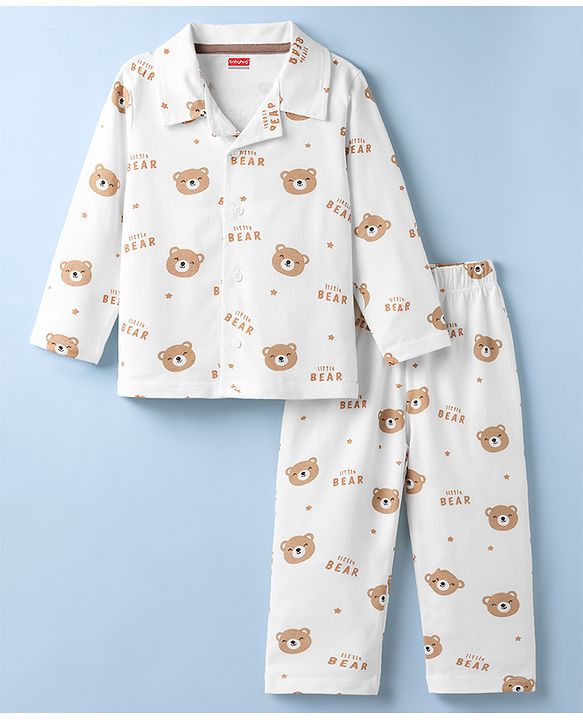 Babyhug Cotton Knit Full Sleeves Co-Ord Shirt & Pyjama Night-Suit With Bear Print - White