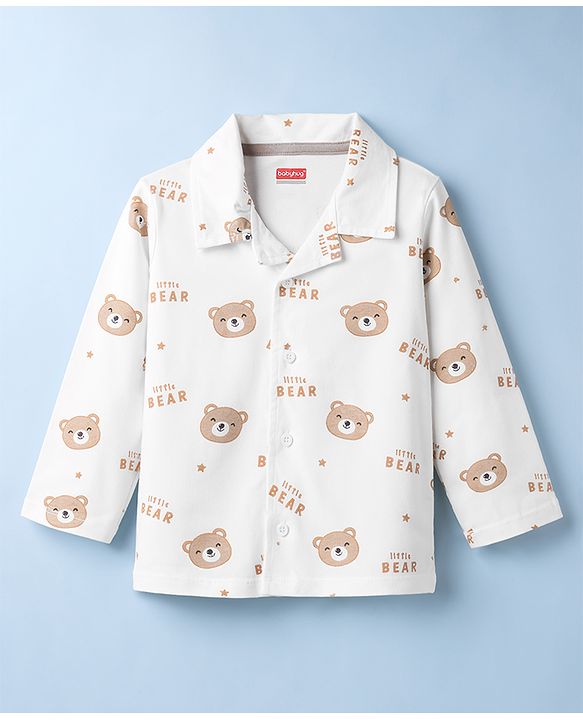 Babyhug Cotton Knit Full Sleeves Co-Ord Shirt & Pyjama Night-Suit With Bear Print - White